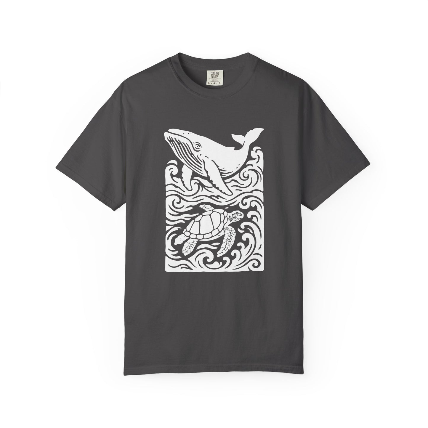 Ocean Life Garment-Dyed Graphic T-shirt - Whale & Turtle Design, Beachwear, Casual Style, Unisex Gift, Nature Lover Apparel