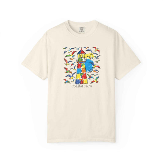 Coastal Calm Summer Lighthouse T-Shirt — Beachy Seagull Graphic Cotton Tee