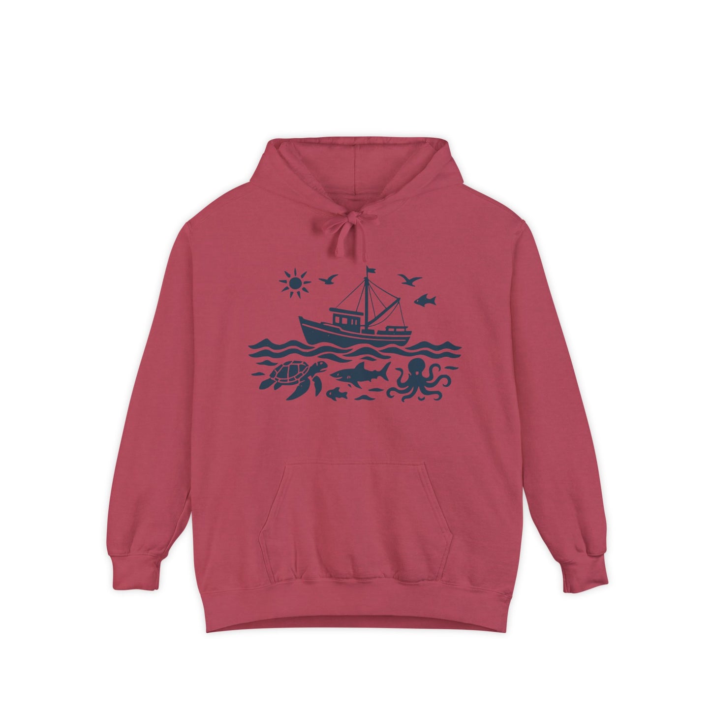Nautical Adventure Garment-Dyed Hoodie with Ocean Design, Coastal Sweatshirt, Beach Gift, Sea Creature Pullover, Marine Life Apparel