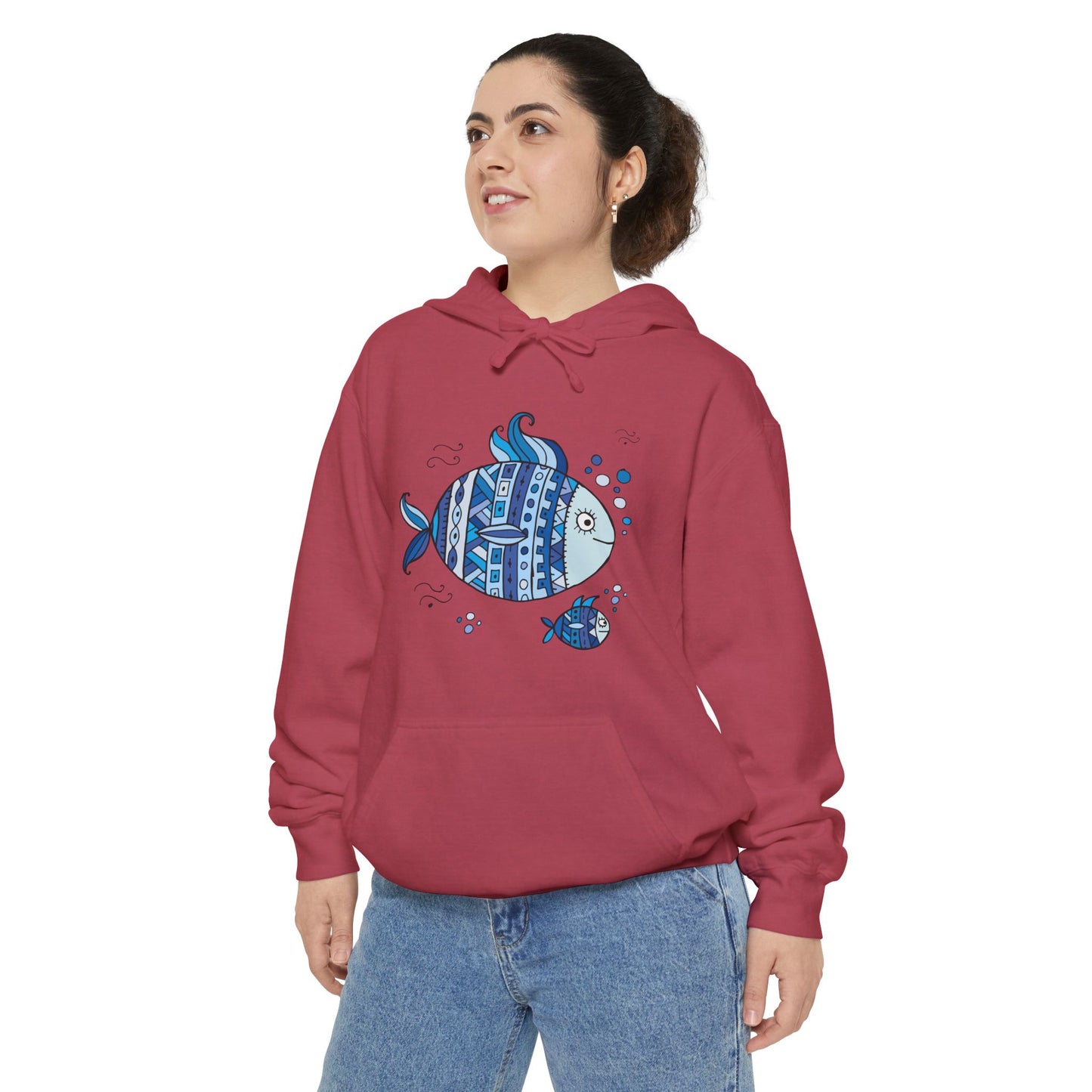 Two Fish Graphic Garment-Dyed Hoodie | Casual Wear, Gift Idea for Animal Lovers, Perfect for Beach Days, Summer Adventures, Relaxed Fit