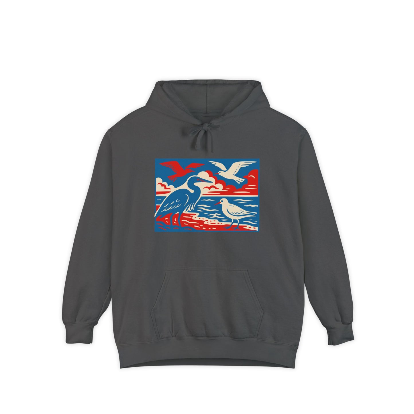Coastal Birds Hoodie, Garment-Dyed Sweatshirt for Nature Lovers, Perfect for Beach Days, Gift for Birdwatchers, Casual Wear