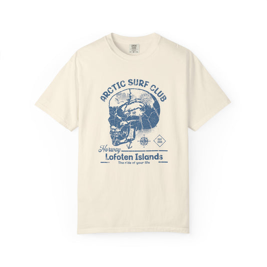 Arctic Surf Club Skull ,Unisex Garment-Dyed T-Shirt Design, Beachwear, Casual Wear, Graphic Tee, Summer Vibes, Gift for Surfers