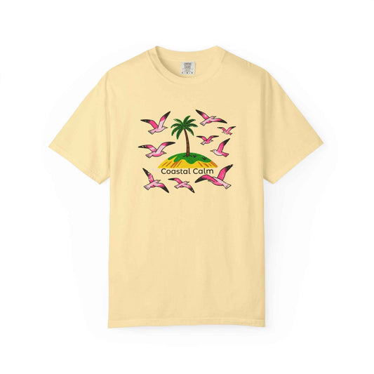 Coastal Calm Painted Graphic T-Shirt — Palm Tree & Seagulls Summer Beach Tee
