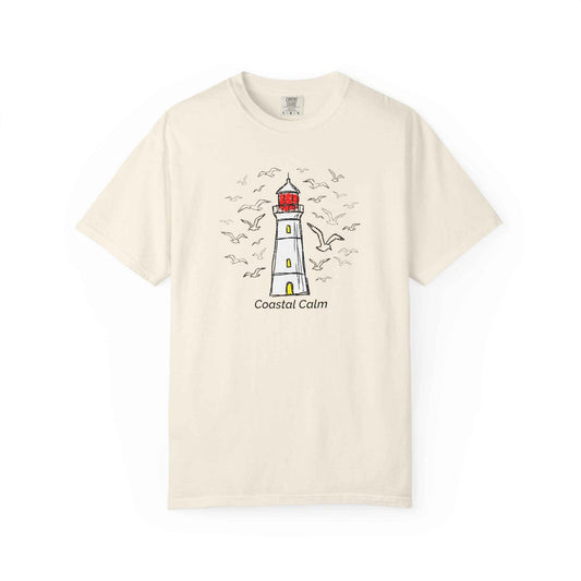 Coastal Calm Seabirds Lighthouse T‑Shirt, Beach Summer Stye Cotton Tee