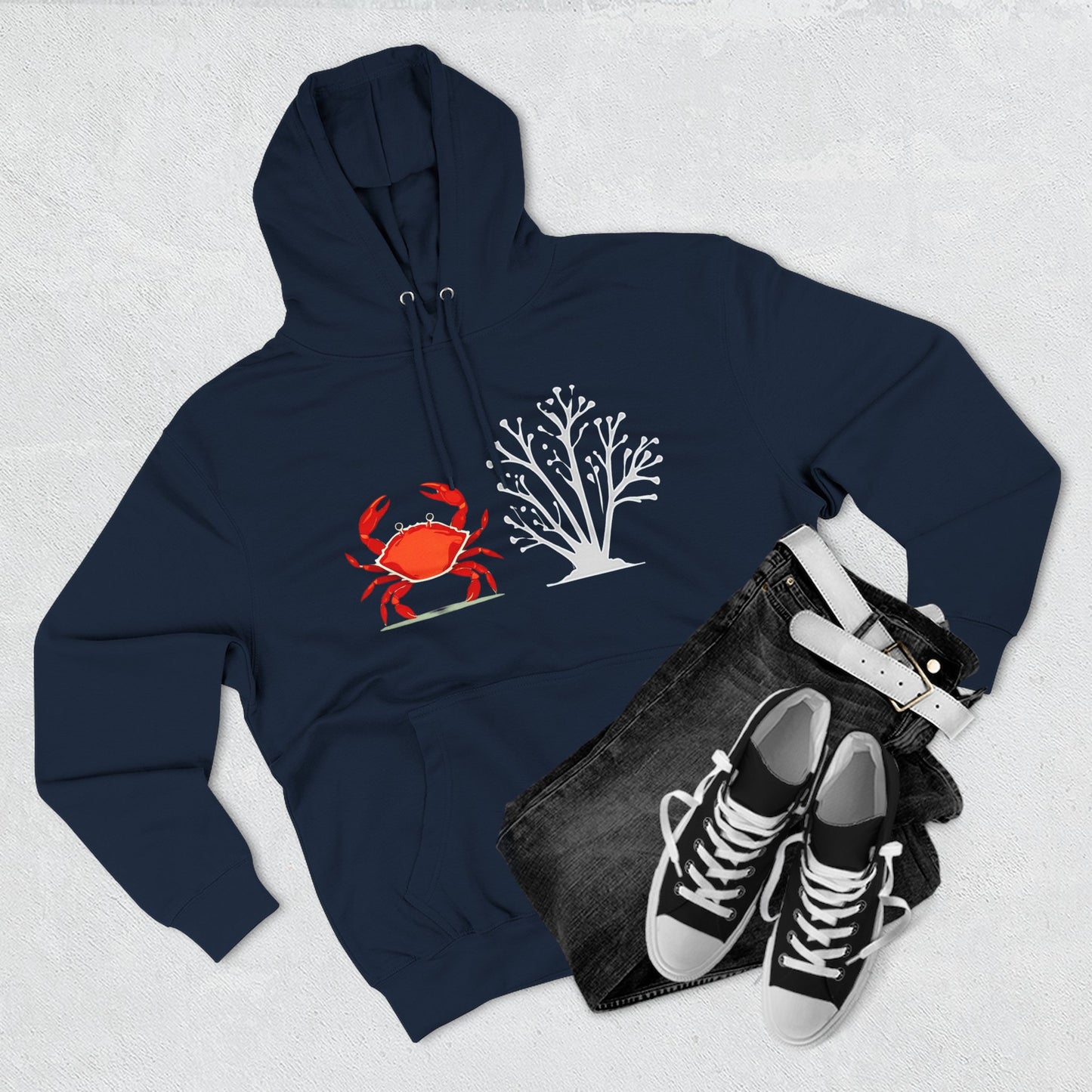 Crab & Coral Design Fleece Hoodie, Cozy Outdoor Apparel, Perfect Gift for Nature Lovers, Fall/Winter Wardrobe Essential, Unisex Casual Wear