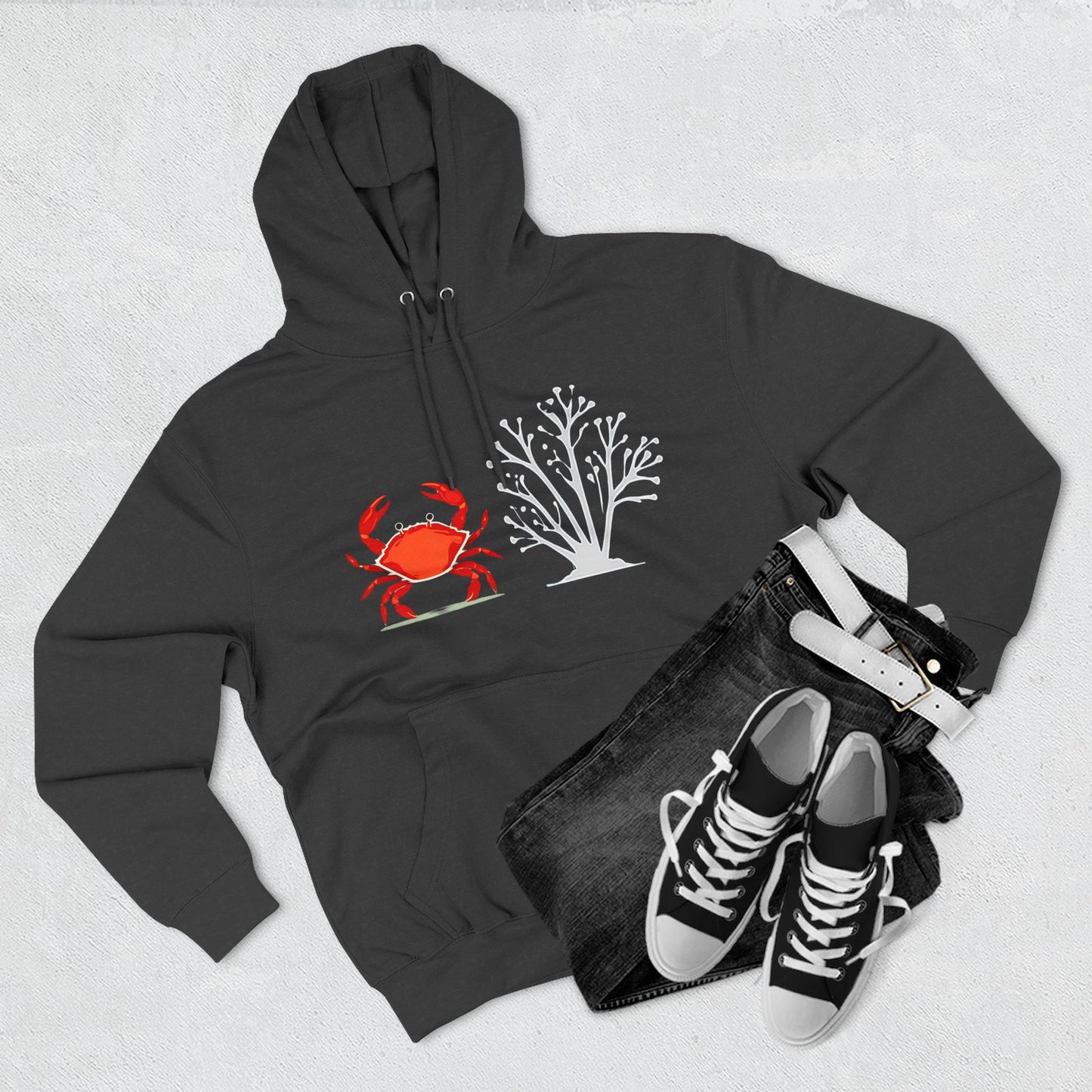 Crab & Coral Design Fleece Hoodie, Cozy Outdoor Apparel, Perfect Gift for Nature Lovers, Fall/Winter Wardrobe Essential, Unisex Casual Wear