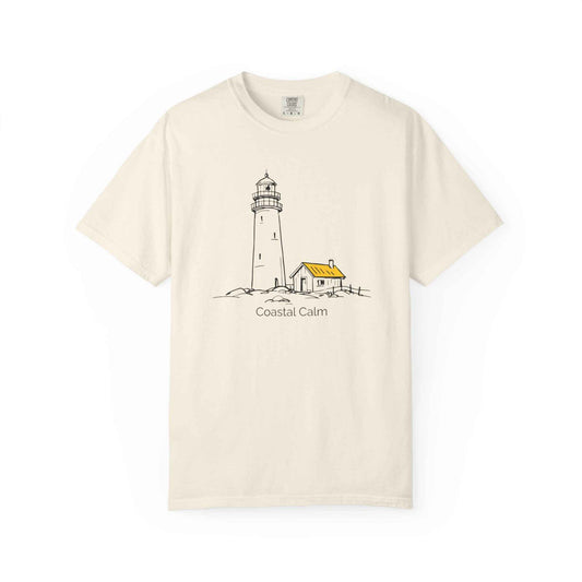 Coastal Calm Lighthouse Watch Hut Graphic T-Shirt, Summer Beach Cotton Tee