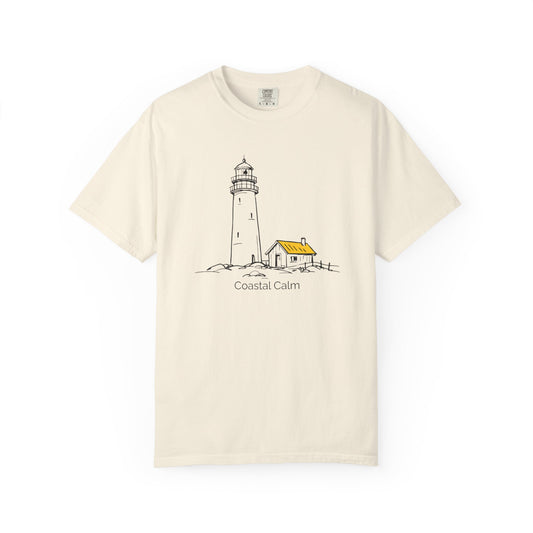 Coastal Calm Lighthouse Watch Hut Graphic T-Shirt, Summer Beach Cotton Tee