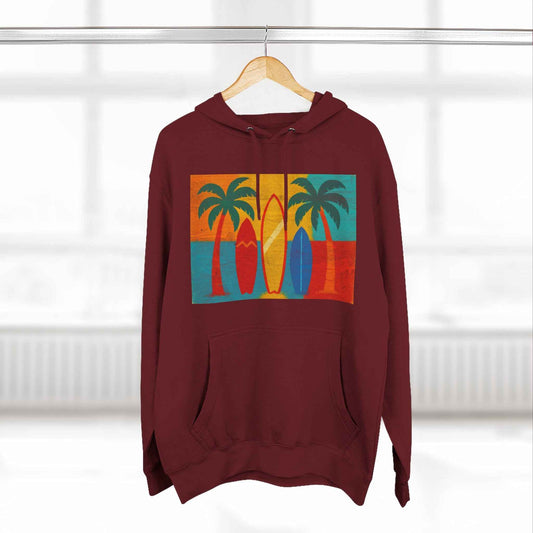 Surfboard Palm Tree Caribbean Hoodie — Retro Beach Graphic Pullover