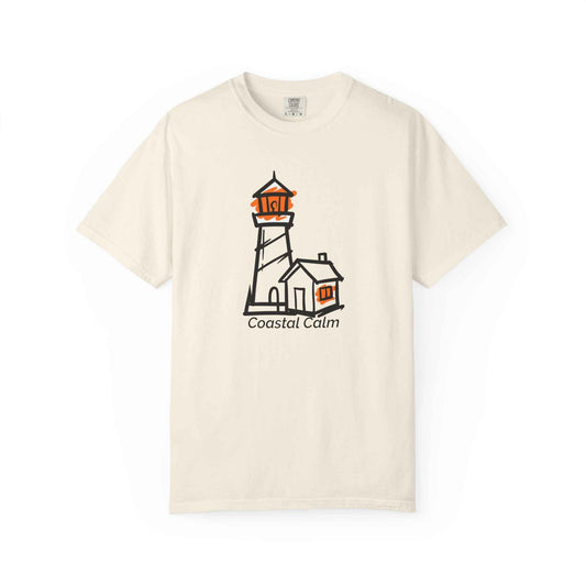 Coastal Calm Orange Lookout Lighthouse T-Shirt, Summer Beach Style Cotton Tee