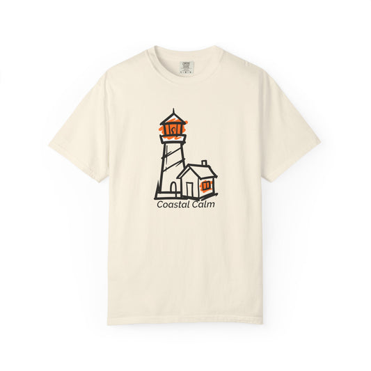 Coastal Calm Orange Lookout Lighthouse T-Shirt, Summer Beach Style Cotton Tee