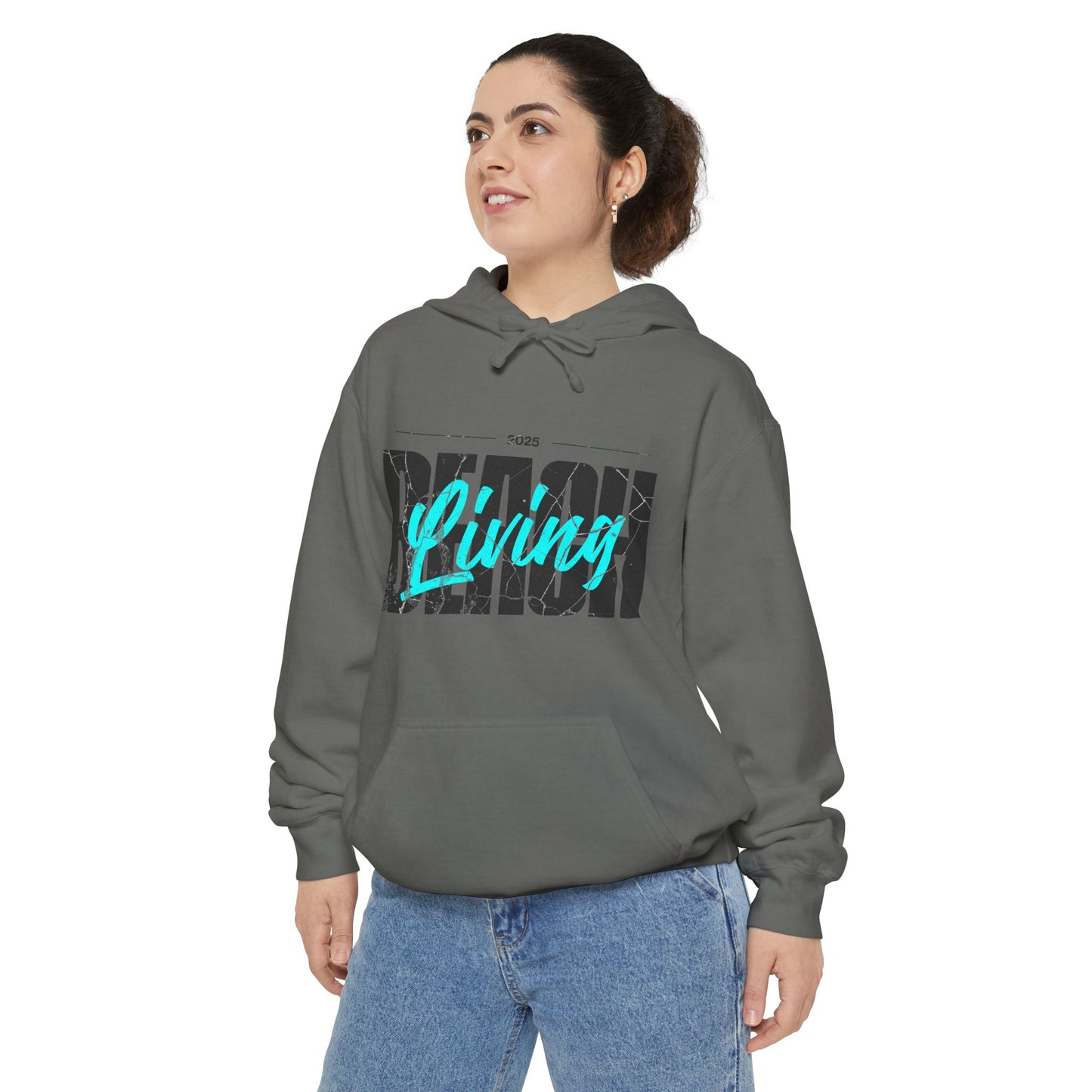 Beach Living Retro Vibes Unisex Garment-Dyed Hoodie, Casual Outdoor Wear, Summer Clothing, Beach Day Essentials, Perfect for Relaxation