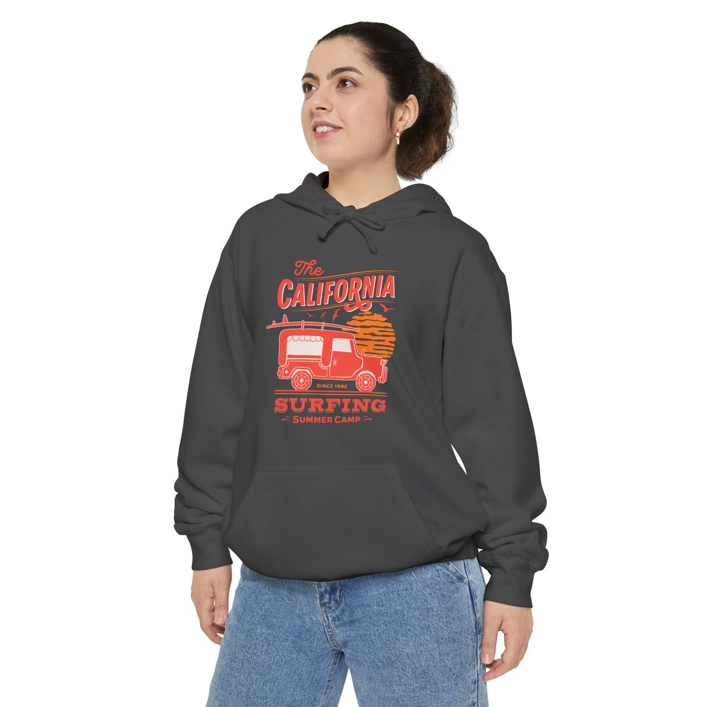 California Surfing Camp Unisex Hoodie, Cozy Beachwear, Summer Vibes, Perfect Gift for Surfers, Relaxed Casual Style, Hoodie for Outdoor
