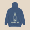 Harbor Wharf Diner navy hoodie flat lay — retro graphic pullover by Five Tides Apparel
