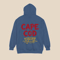 Cape Cod hoodie flat lay, view 1 — distressed red text coastal pullover by Five Tides Apparel
