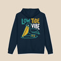 Low Tide Vibe pelican black hoodie close-up of chest print — coastal graphic pullover by Five Tides Apparel