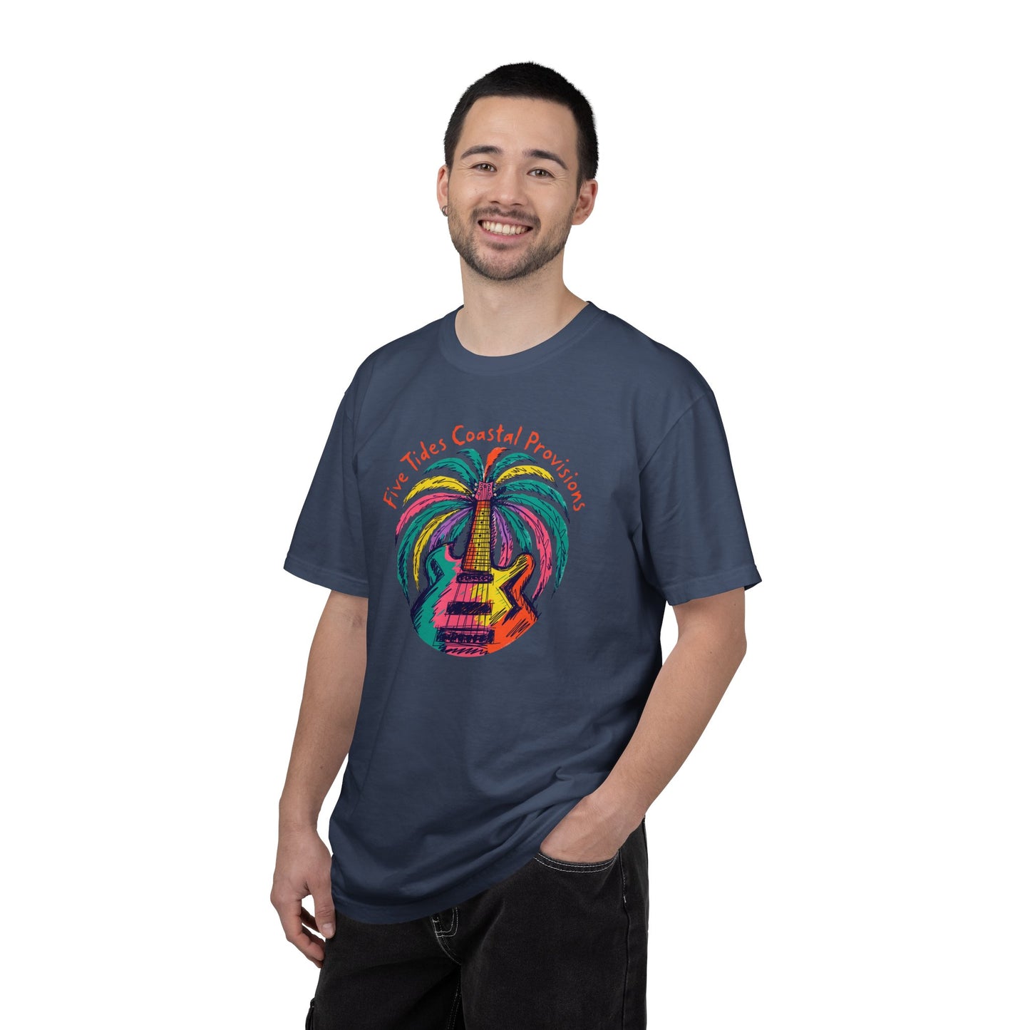 Guitar Palm Tree Graphic Art T‑Shirt - Five Tides Coastal Provisions Beach Vibe Cotton Tee