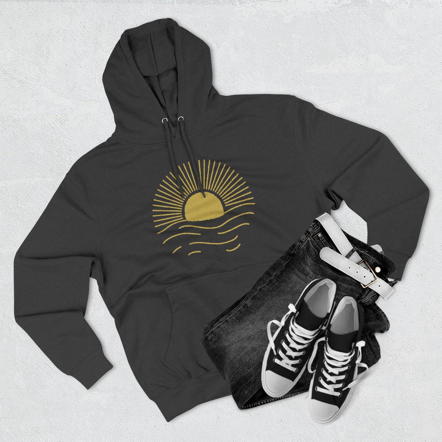 Sunrise Waves Three-Panel Fleece Hoodie | Cozy Hoodie for Beach Lovers, Perfect for Spring, Fall, Festivals, Outdoor Adventures
