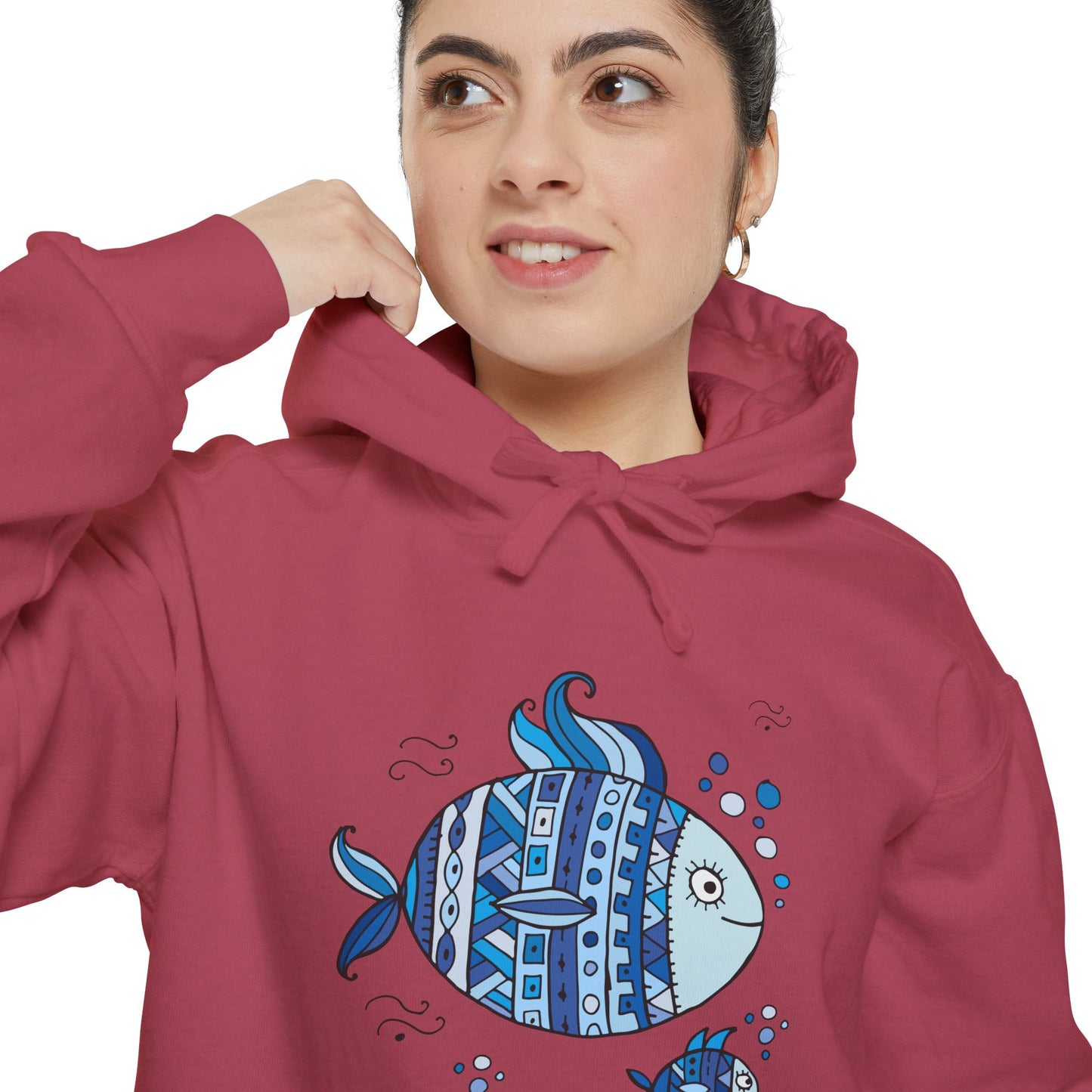Two Fish Graphic Garment-Dyed Hoodie | Casual Wear, Gift Idea for Animal Lovers, Perfect for Beach Days, Summer Adventures, Relaxed Fit