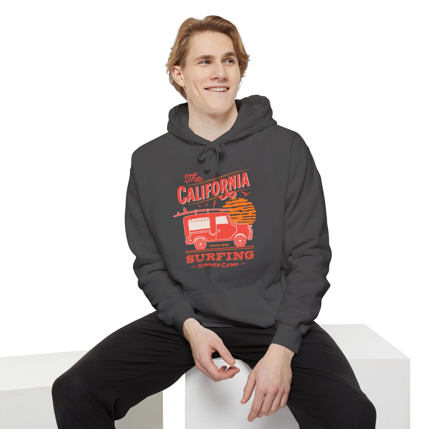 California Surfing Camp Unisex Hoodie, Cozy Beachwear, Summer Vibes, Perfect Gift for Surfers, Relaxed Casual Style, Hoodie for Outdoor