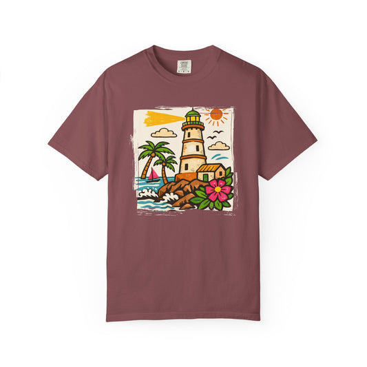 Lighthouse Caribbean Beach Graphic T-Shirt — Tropical Coastal Summer Illustrated Tee