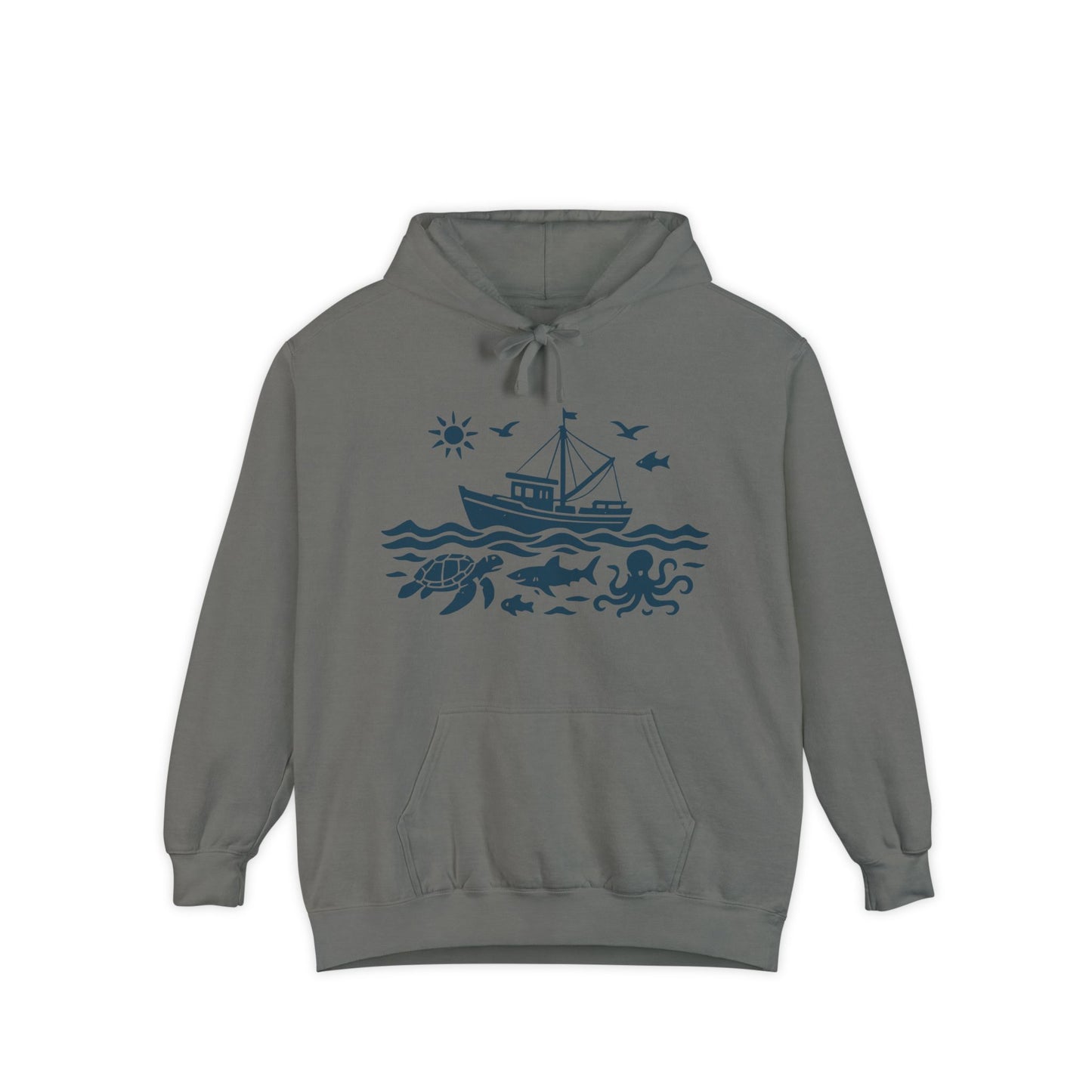 Nautical Adventure Garment-Dyed Hoodie with Ocean Design, Coastal Sweatshirt, Beach Gift, Sea Creature Pullover, Marine Life Apparel