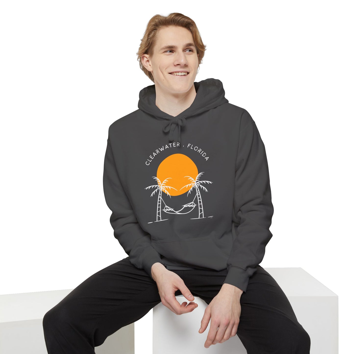 Sunset Beach Hoodie, Unisex Garment-Dyed Pullover, Clearwater Florida Souvenir, Casual Beachwear, Gifts for Ocean Lovers