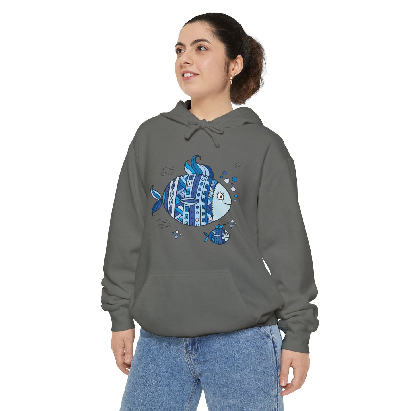 Two Fish Graphic Garment-Dyed Hoodie | Casual Wear, Gift Idea for Animal Lovers, Perfect for Beach Days, Summer Adventures, Relaxed Fit