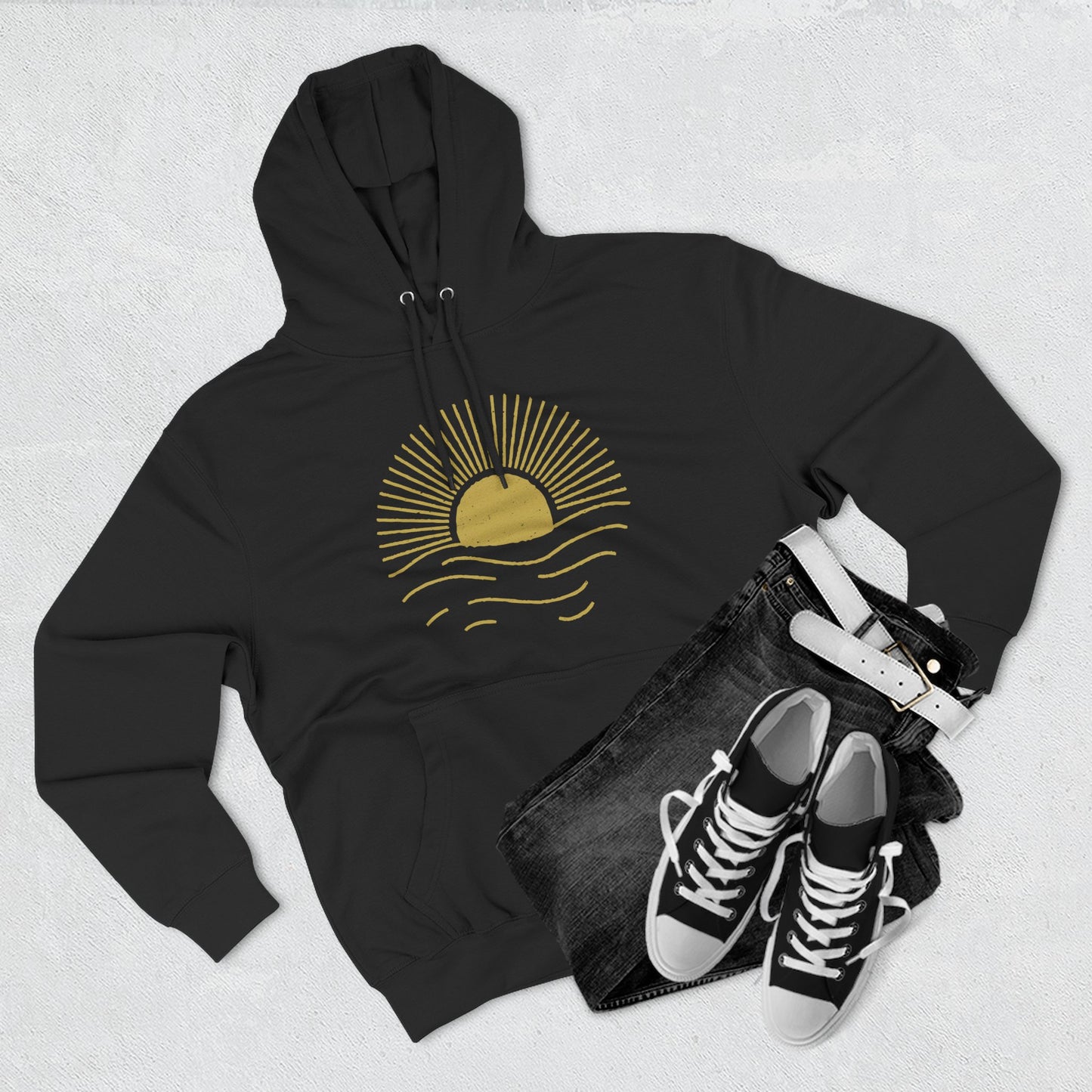 Sunrise Waves Three-Panel Fleece Hoodie | Cozy Hoodie for Beach Lovers, Perfect for Spring, Fall, Festivals, Outdoor Adventures