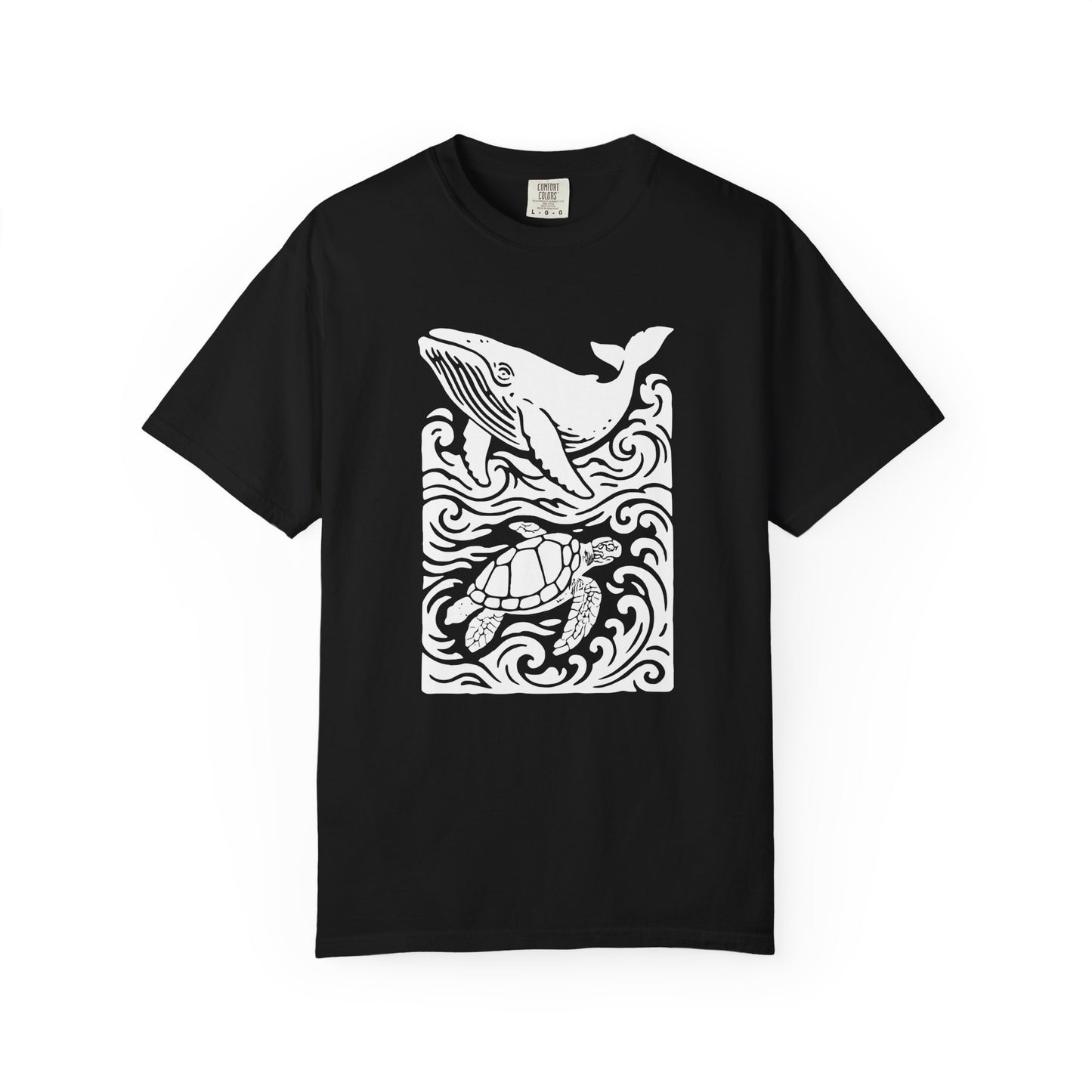 Ocean Life Garment-Dyed Graphic T-shirt - Whale & Turtle Design, Beachwear, Casual Style, Unisex Gift, Nature Lover Apparel