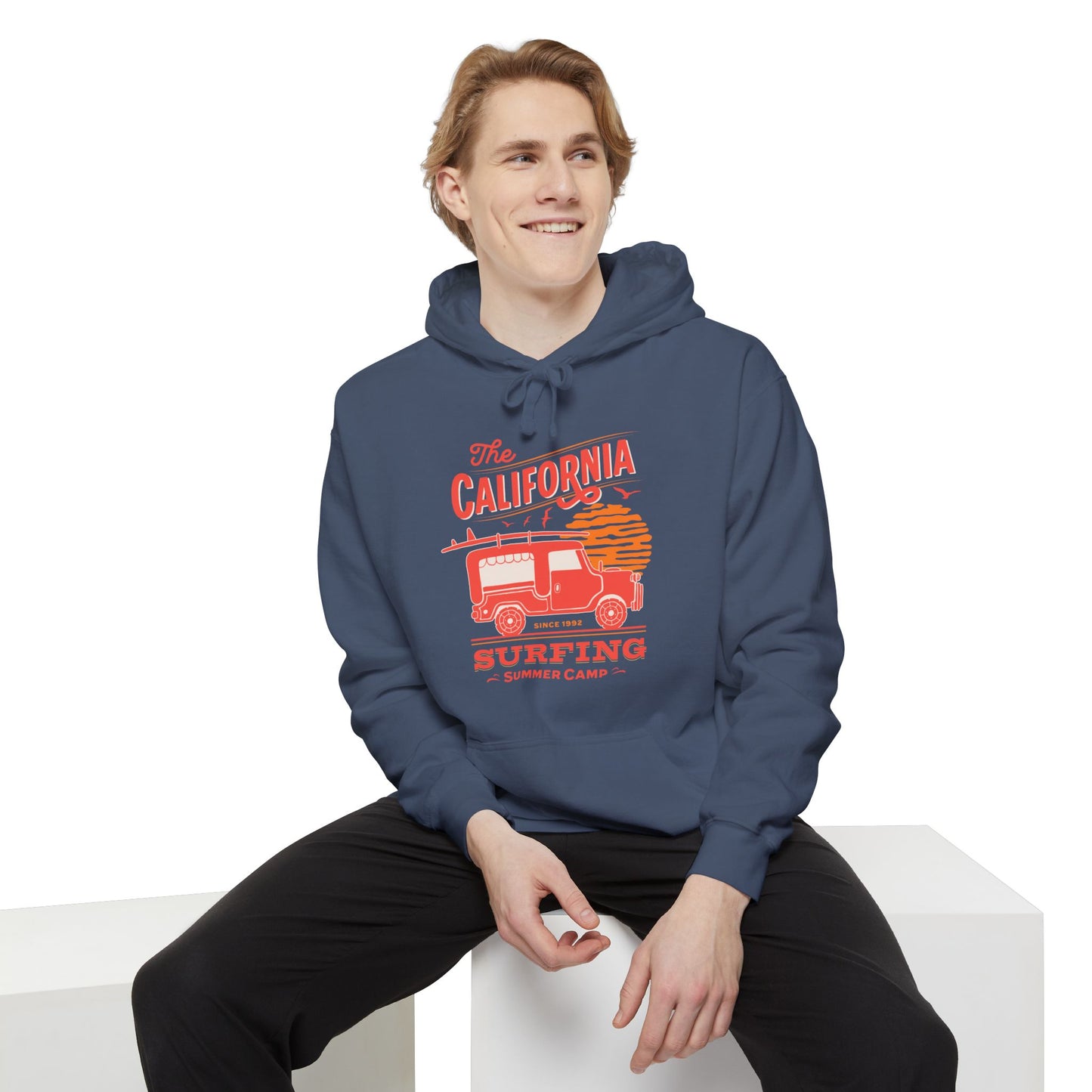 California Surfing Camp Unisex Hoodie, Cozy Beachwear, Summer Vibes, Perfect Gift for Surfers, Relaxed Casual Style, Hoodie for Outdoor