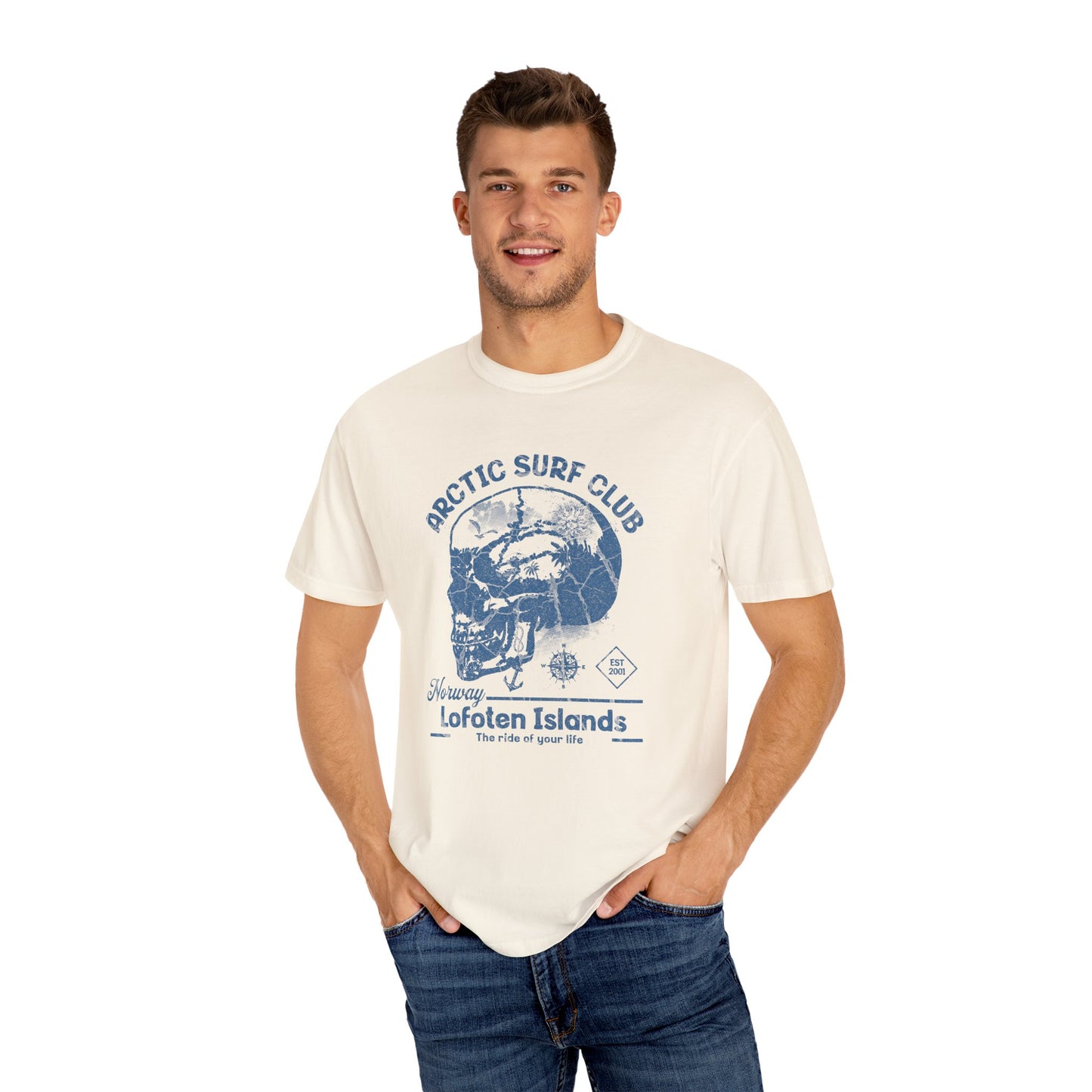 Arctic Surf Club Skull ,Unisex Garment-Dyed T-Shirt Design, Beachwear, Casual Wear, Graphic Tee, Summer Vibes, Gift for Surfers