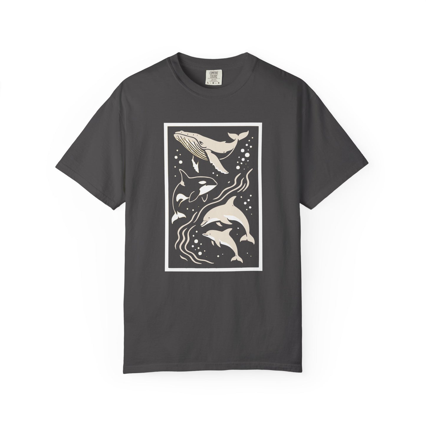 Ocean Life Garment-Dyed T-Shirt | Whale & Dolphin Design | Casual Beachwear, Gift for Ocean Lovers, Summer Outfit, Marine Life Tee
