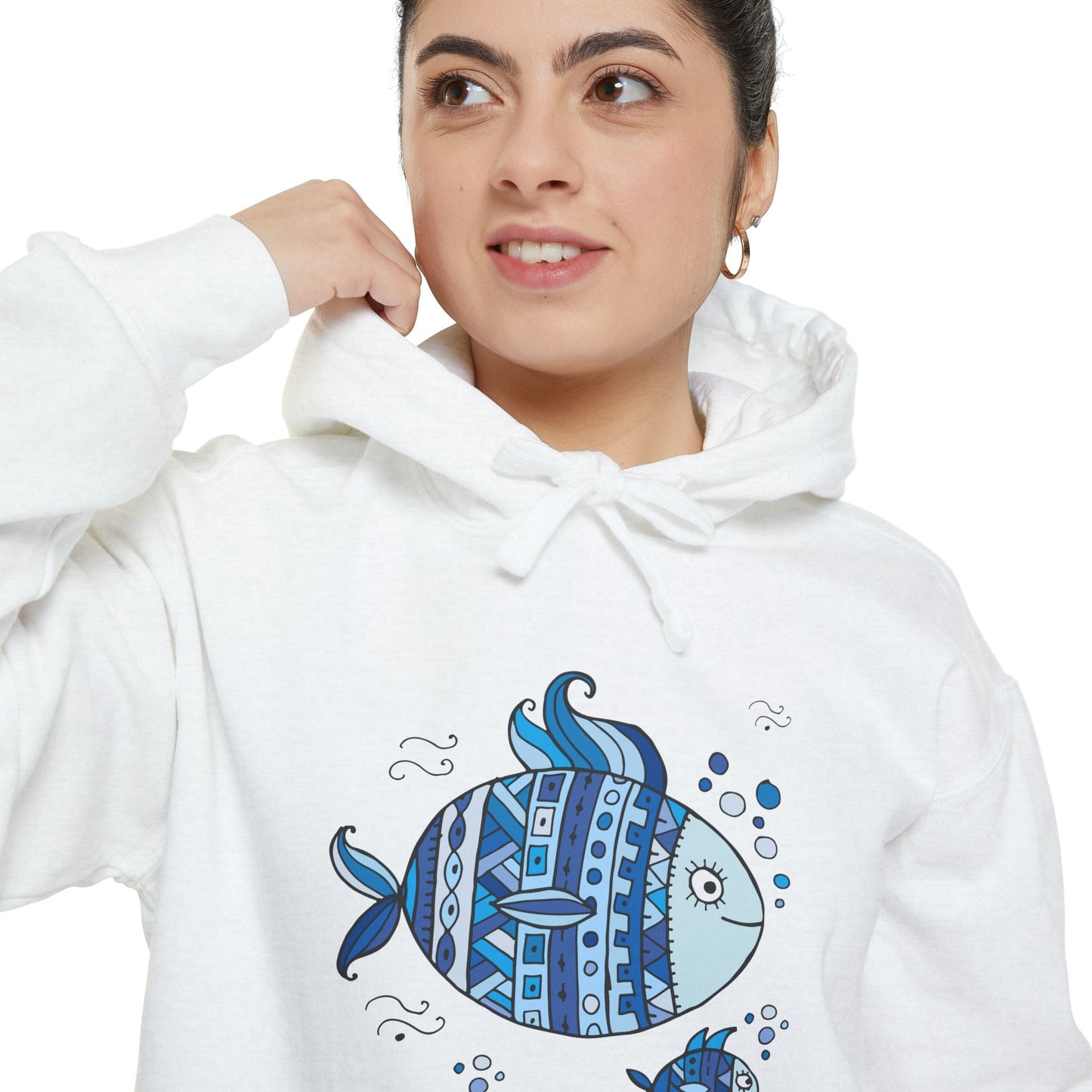 Two Fish Graphic Garment-Dyed Hoodie | Casual Wear, Gift Idea for Animal Lovers, Perfect for Beach Days, Summer Adventures, Relaxed Fit
