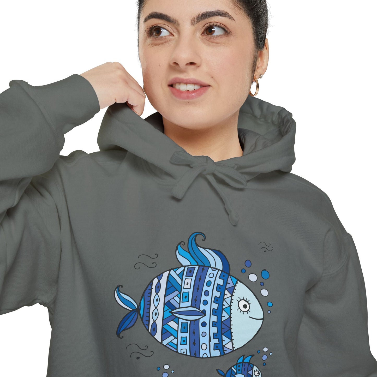 Two Fish Graphic Garment-Dyed Hoodie | Casual Wear, Gift Idea for Animal Lovers, Perfect for Beach Days, Summer Adventures, Relaxed Fit