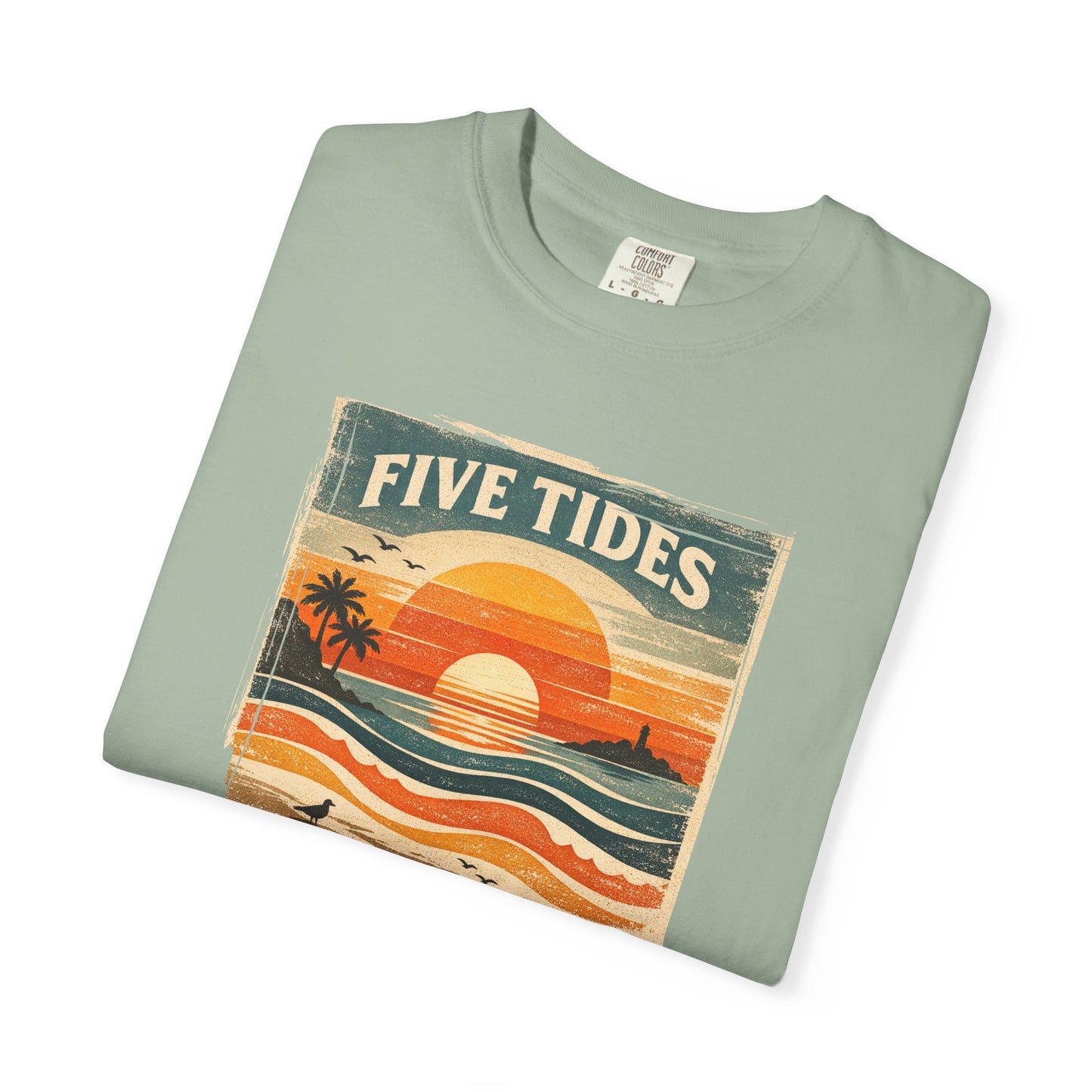 Five Tides Sunset Beach T-Shirt - Vintage Tidal Surf Graphic Tee