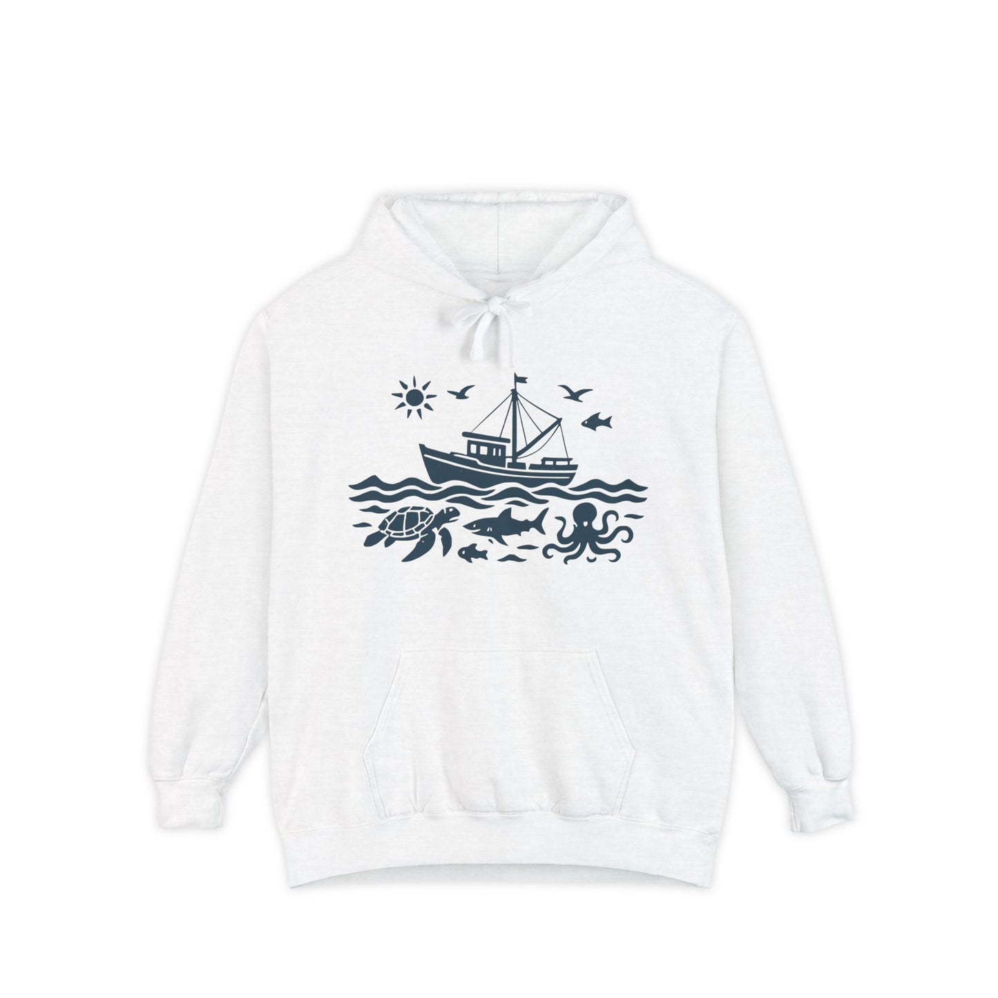 Nautical Adventure Garment-Dyed Hoodie with Ocean Design, Coastal Sweatshirt, Beach Gift, Sea Creature Pullover, Marine Life Apparel