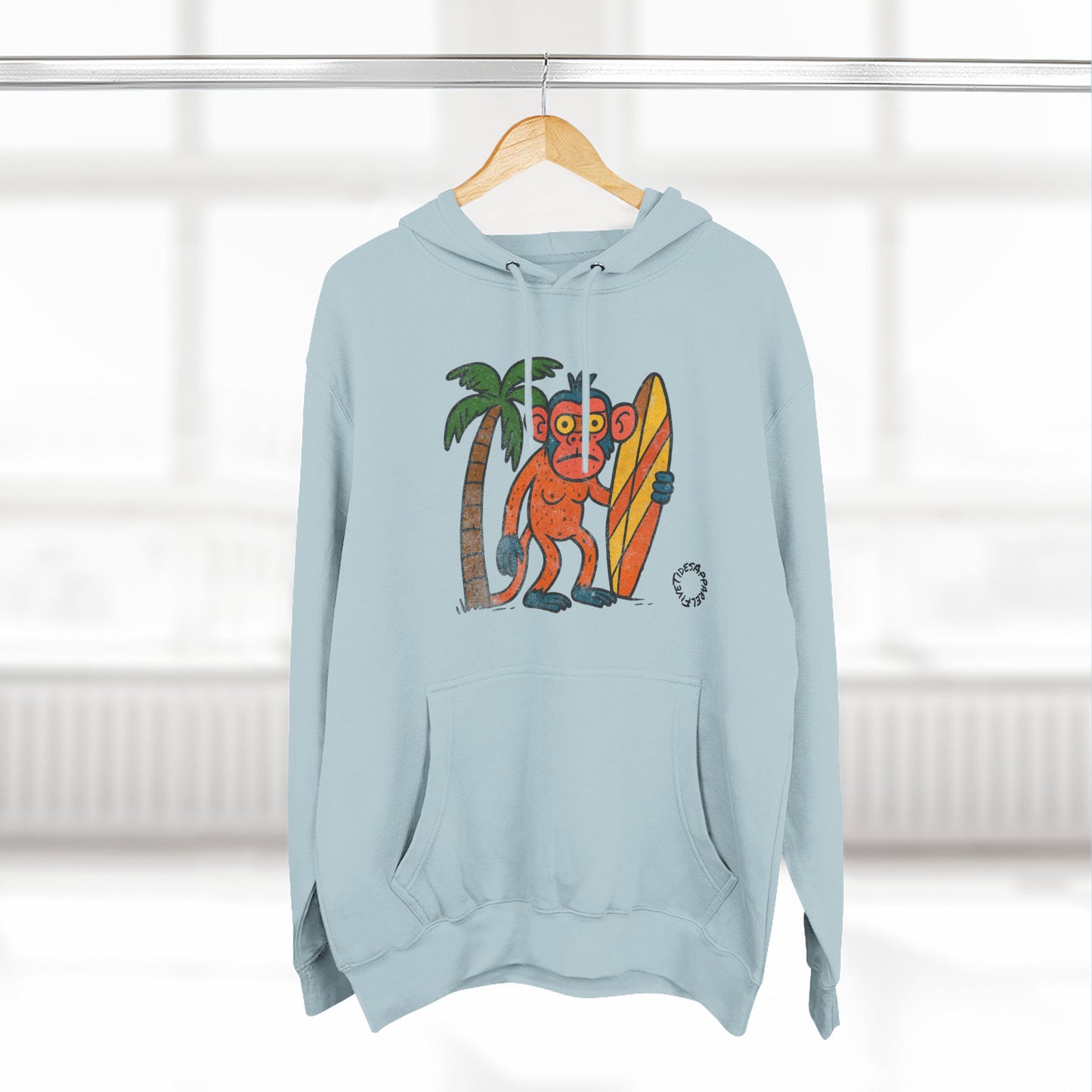 Beach Surfing Monkey Hoodie — Retro Beach Palm Tree Surfboard Graphic