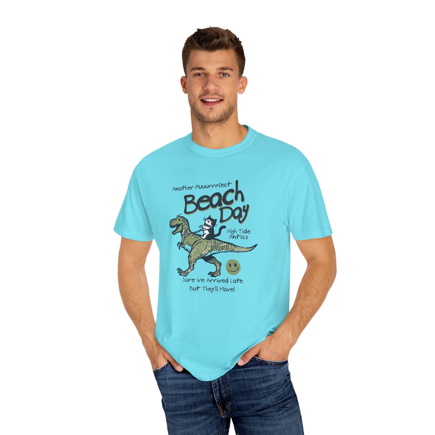 Beach Day Dino T-Shirt | Fun Unisex Tee for Summer, Gift for Kids & Adults, Beach Lovers, Vacation Style, Cute Animal Print