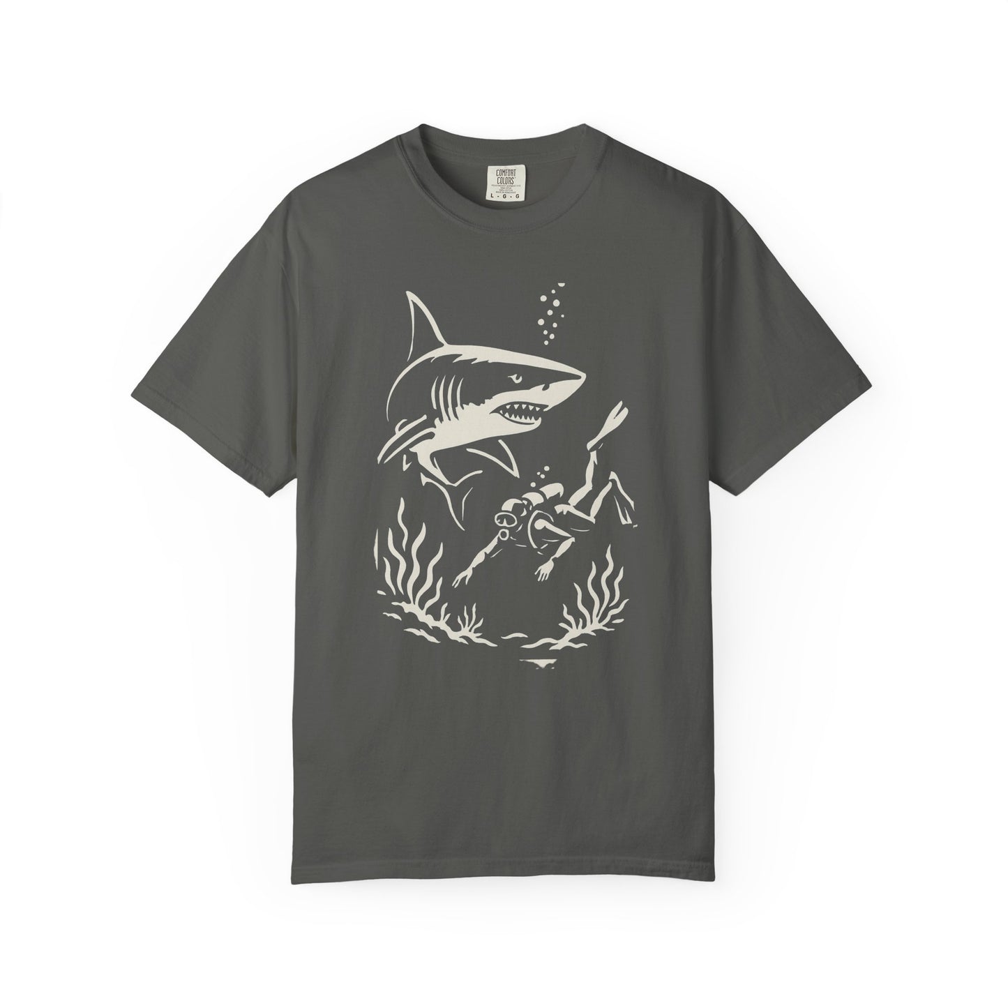 Shark Diver Garment-Dyed Graphic Tee, Ocean Lover Shirt, Beachwear for Him, Gift for Divers, Summer T-shirt, Adventure Apparel