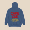 Cape Cod hoodie flat lay, view 1 — distressed red text coastal pullover by Five Tides Apparel