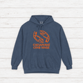 Chesapeake Crab House denim hoodie flat lay — orange crab graphic pullover by Five Tides Apparel