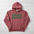 Crimson Green Parrot hoodie front flat lay on whitewashed boards