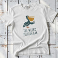 Pelican Bar white garment-dyed tee on weathered wood planks