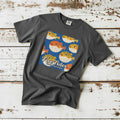 Puffer Fish Retro graphite garment-dyed tee casually tousled on rustic reclaimed wood