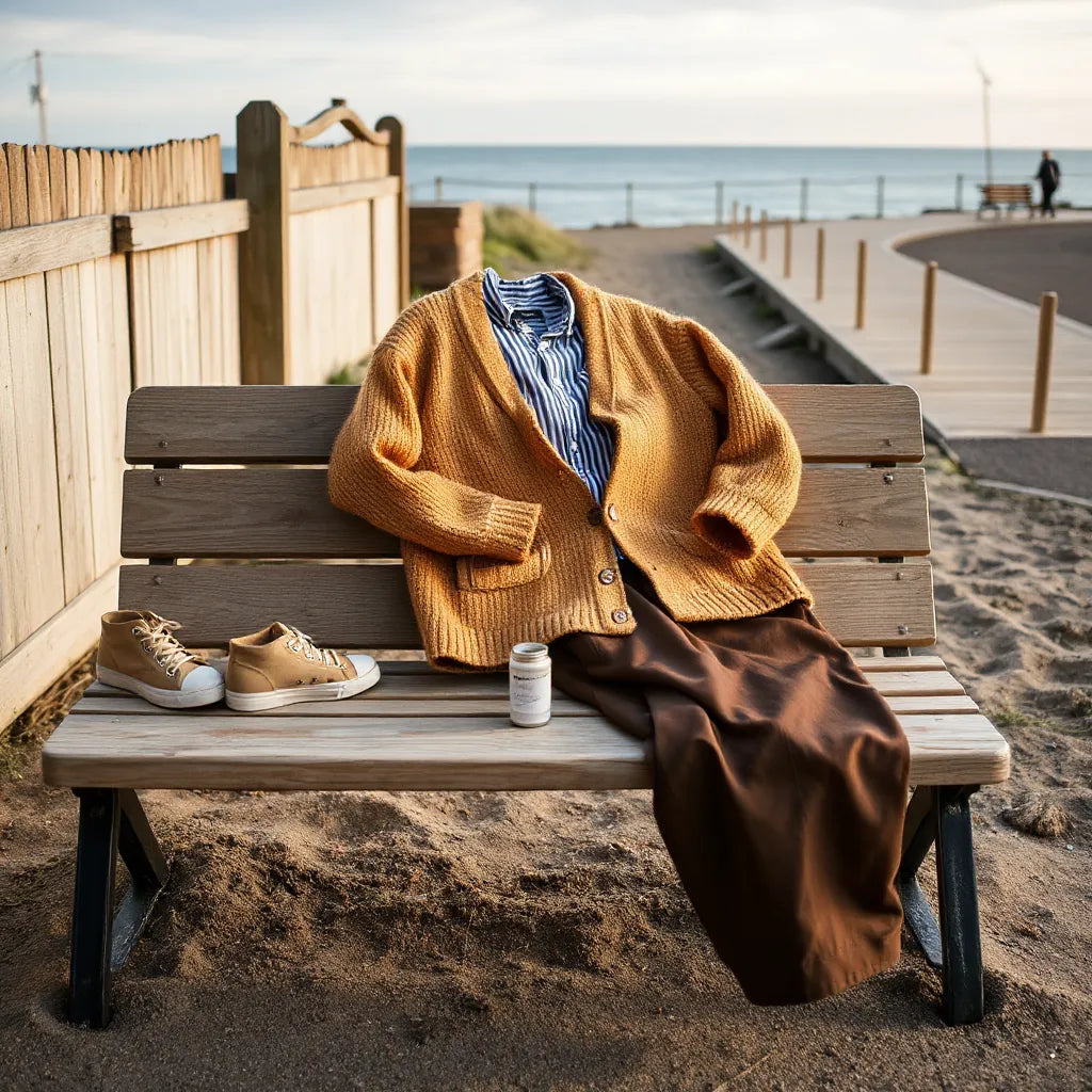 Heritage-inspired knit and jacket outfit styled on a bench near the seaside walkway