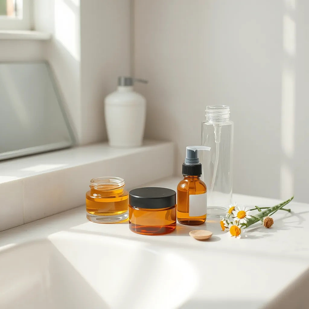 Minimal organic skincare bottles and jars with aloe leaves on a clean countertop