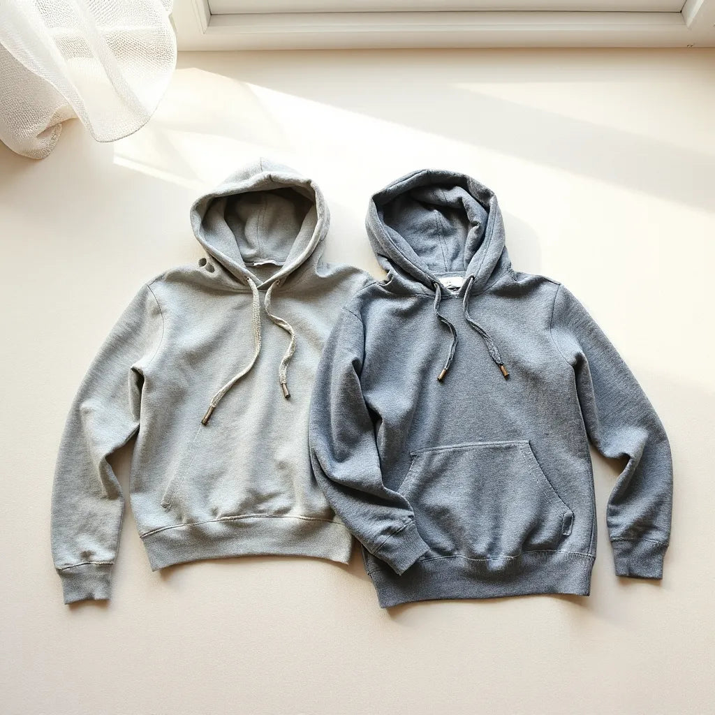 Lightweight hoodies with breathable fabric texture, drawstrings, and ribbed cuffs laid on a neutral surface