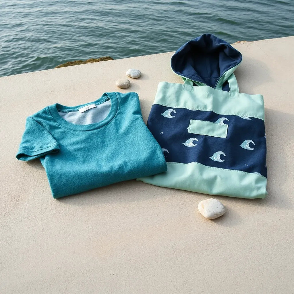 Ocean-themed apparel items with calm seascape backdrop, styled on a neutral surface