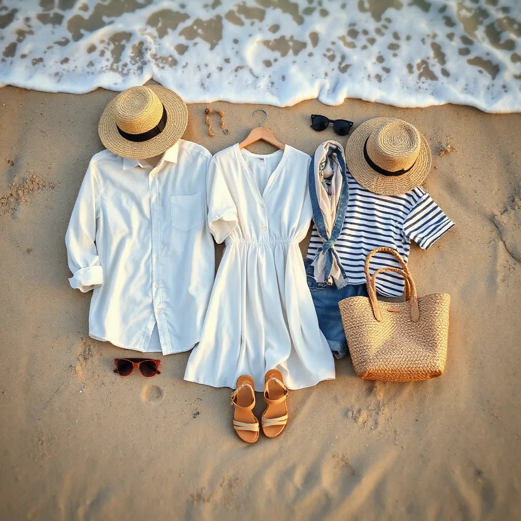 Breathable summer beach outfits laid on sand with hat, tote, sandals, and sunglasses